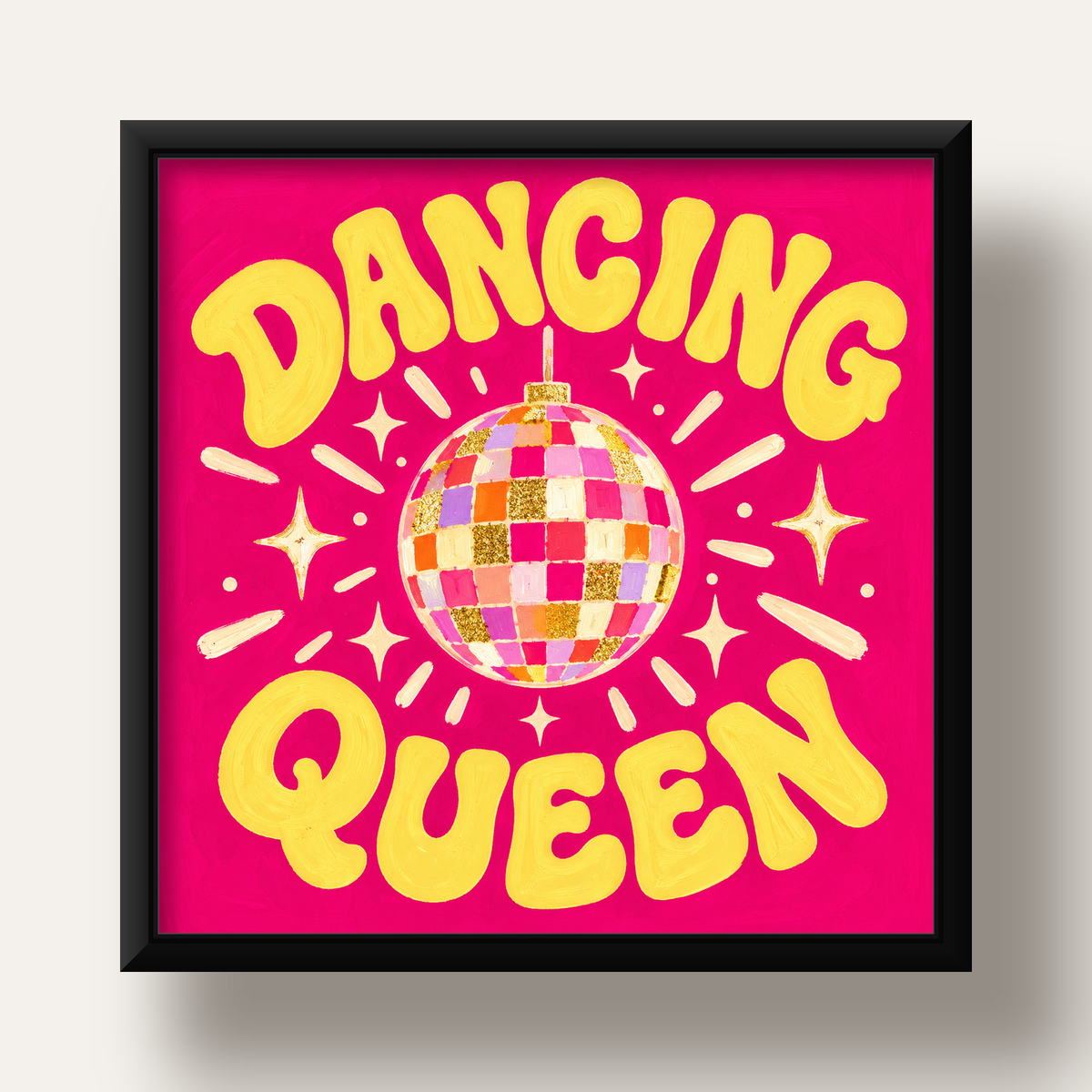 Dancing Queen Disco Topu Poster - Renkli ve Enerjik Duvar Dekoru — siyah derin çerçeveli