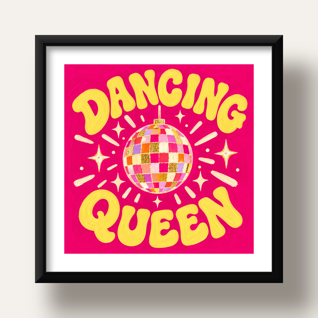 Dancing Queen Disco Topu Poster - Renkli ve Enerjik Duvar Dekoru — siyah derin çerçeveli paspartulu