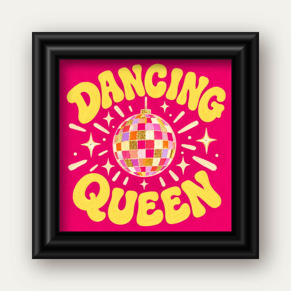 Dancing Queen Disco Topu Poster - Renkli ve Enerjik Duvar Dekoru — siyah galeri çerçeveli