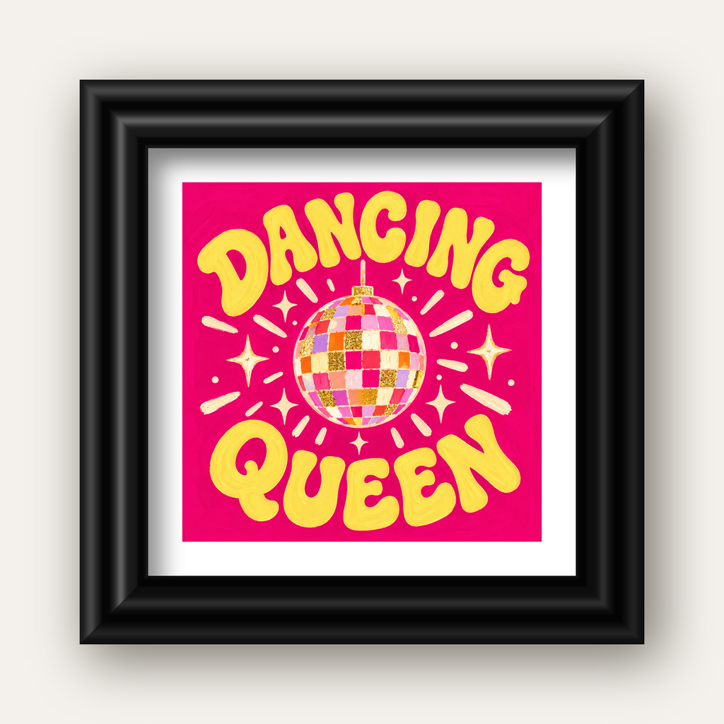 Dancing Queen Disco Topu Poster - Renkli ve Enerjik Duvar Dekoru — siyah galeri çerçeveli paspartulu