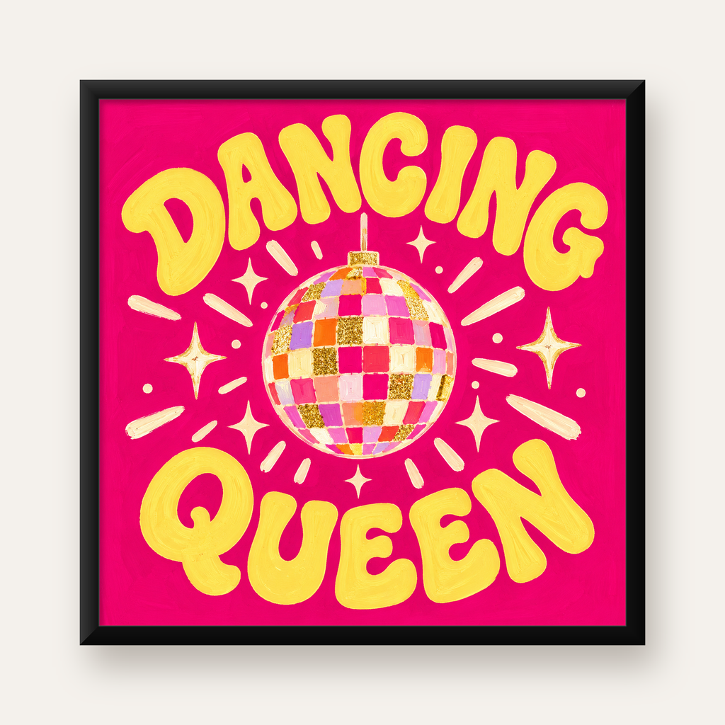 Dancing Queen Disco Topu Poster - Renkli ve Enerjik Duvar Dekoru — Kare baskı, düz siyah çerçeveli duvar posteri
