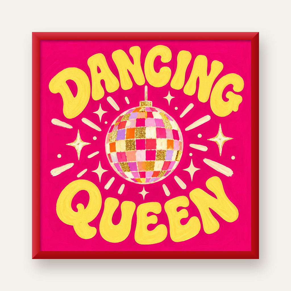 Dancing Queen Disco Topu Poster - Renkli ve Enerjik Duvar Dekoru — kırmızı çerçeveli