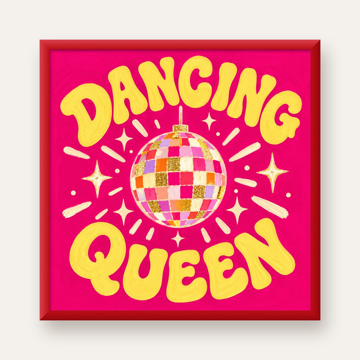 Dancing Queen Disco Topu Poster - Renkli ve Enerjik Duvar Dekoru — kırmızı çerçeveli