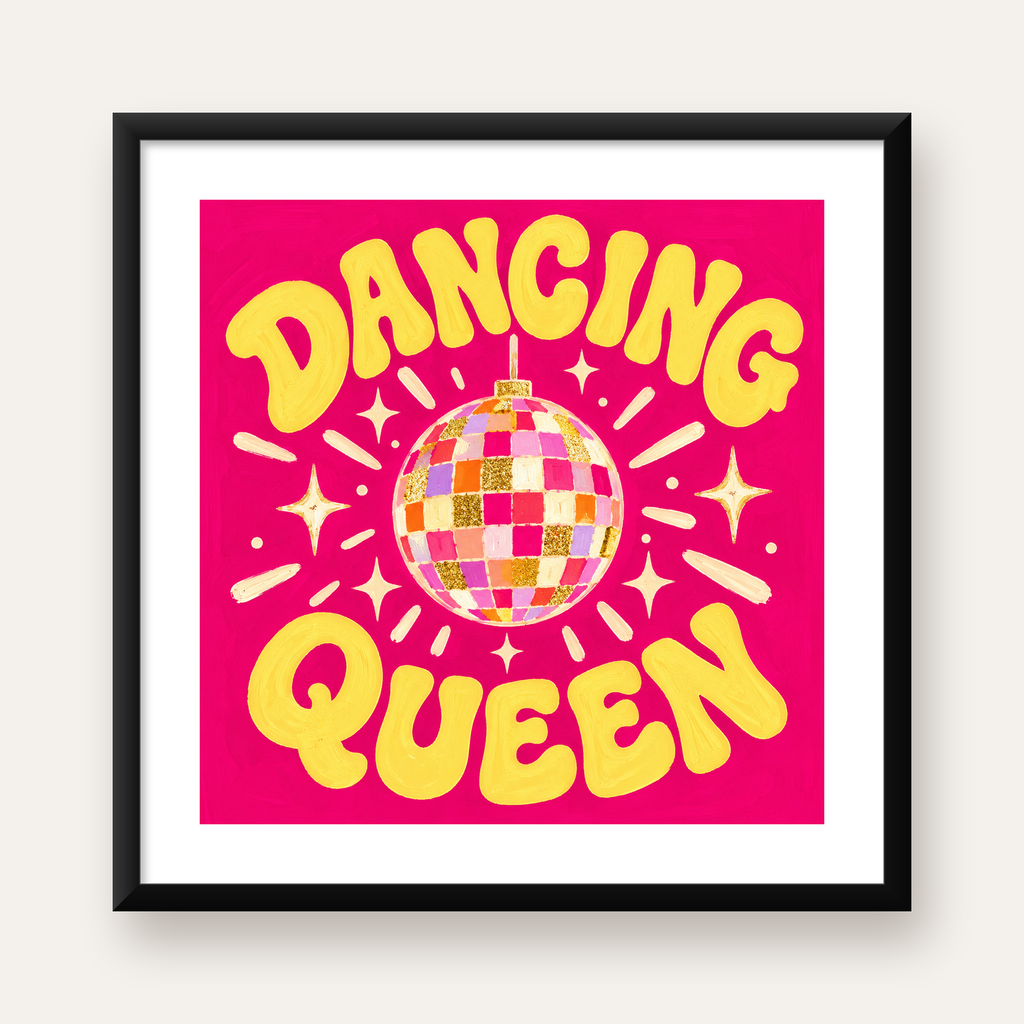 Dancing Queen Disco Topu Poster - Renkli ve Enerjik Duvar Dekoru — Kare baskı, beyaz paspartulu