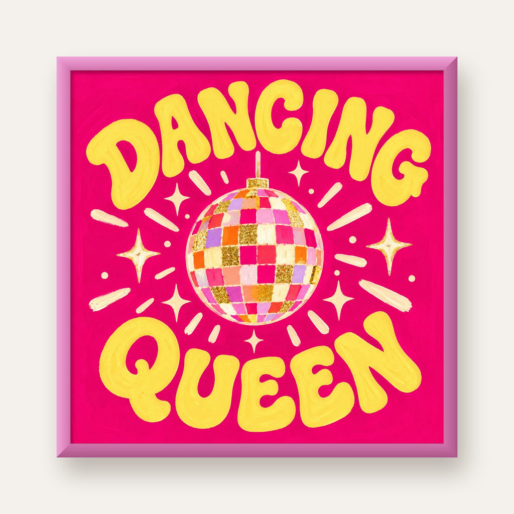Dancing Queen Disco Topu Poster - Renkli ve Enerjik Duvar Dekoru — pembe çerçeveli