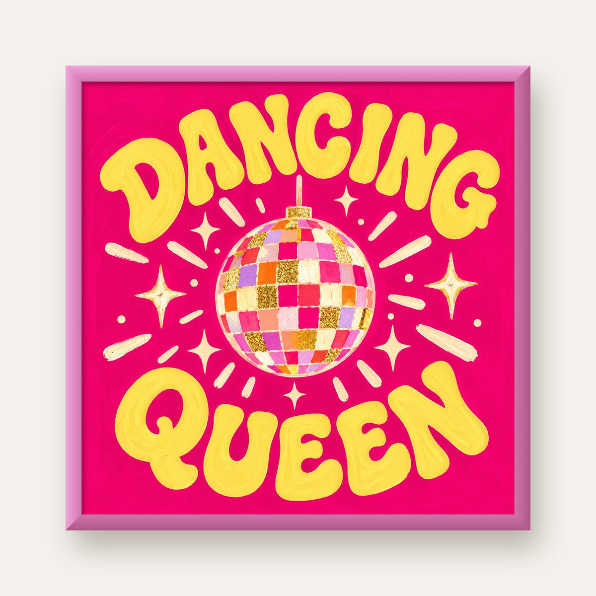 Dancing Queen Disco Topu Poster - Renkli ve Enerjik Duvar Dekoru — pembe çerçeveli