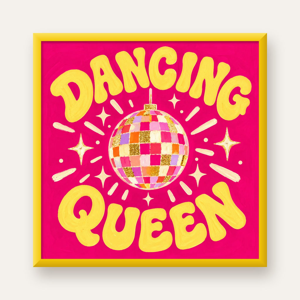 Dancing Queen Disco Topu Poster - Renkli ve Enerjik Duvar Dekoru — sarı çerçeveli