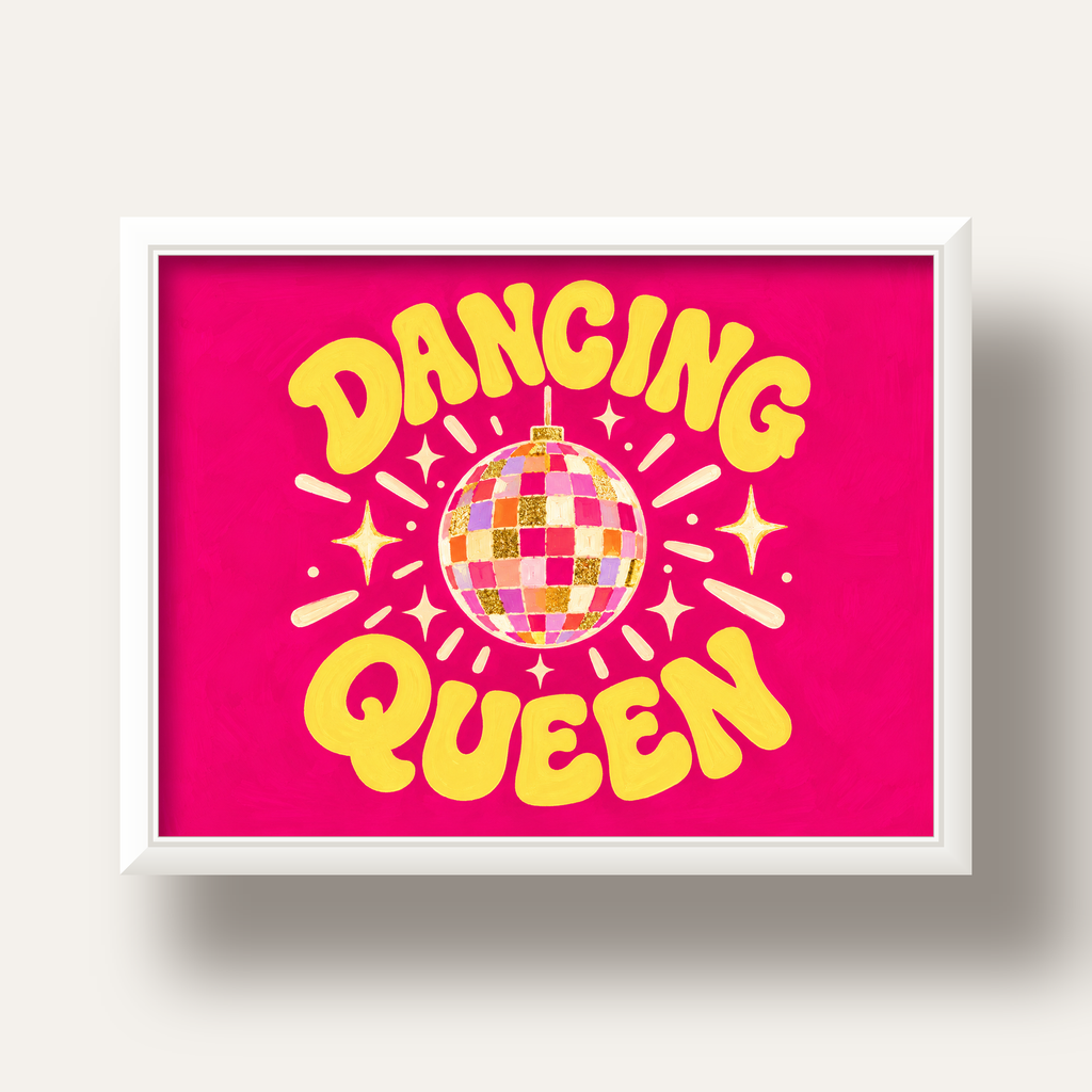 Dancing Queen Disco Topu Poster - Renkli ve Enerjik Duvar Dekoru — beyaz derin çerçeveli