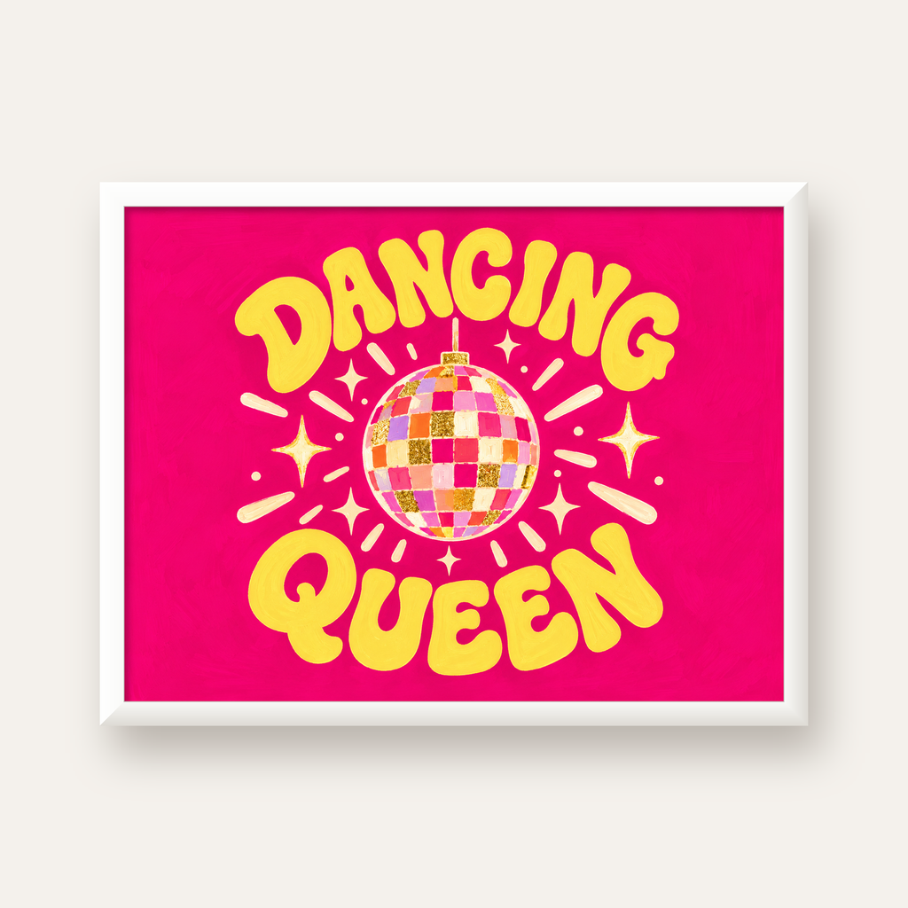Dancing Queen Disco Topu Poster - Renkli ve Enerjik Duvar Dekoru — beyaz çerçeveli yatay poster