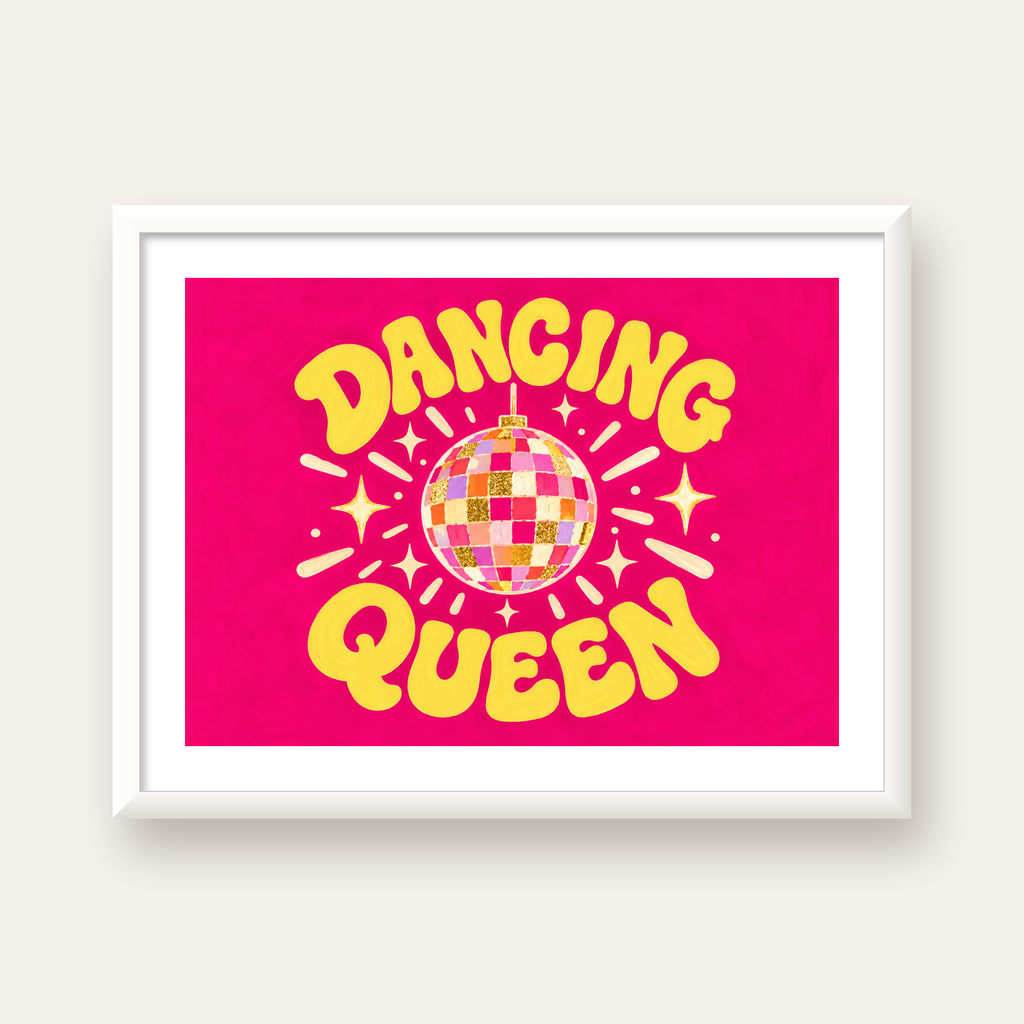 Dancing Queen Disco Topu Poster - Renkli ve Enerjik Duvar Dekoru — beyaz çerçeveli yatay poster