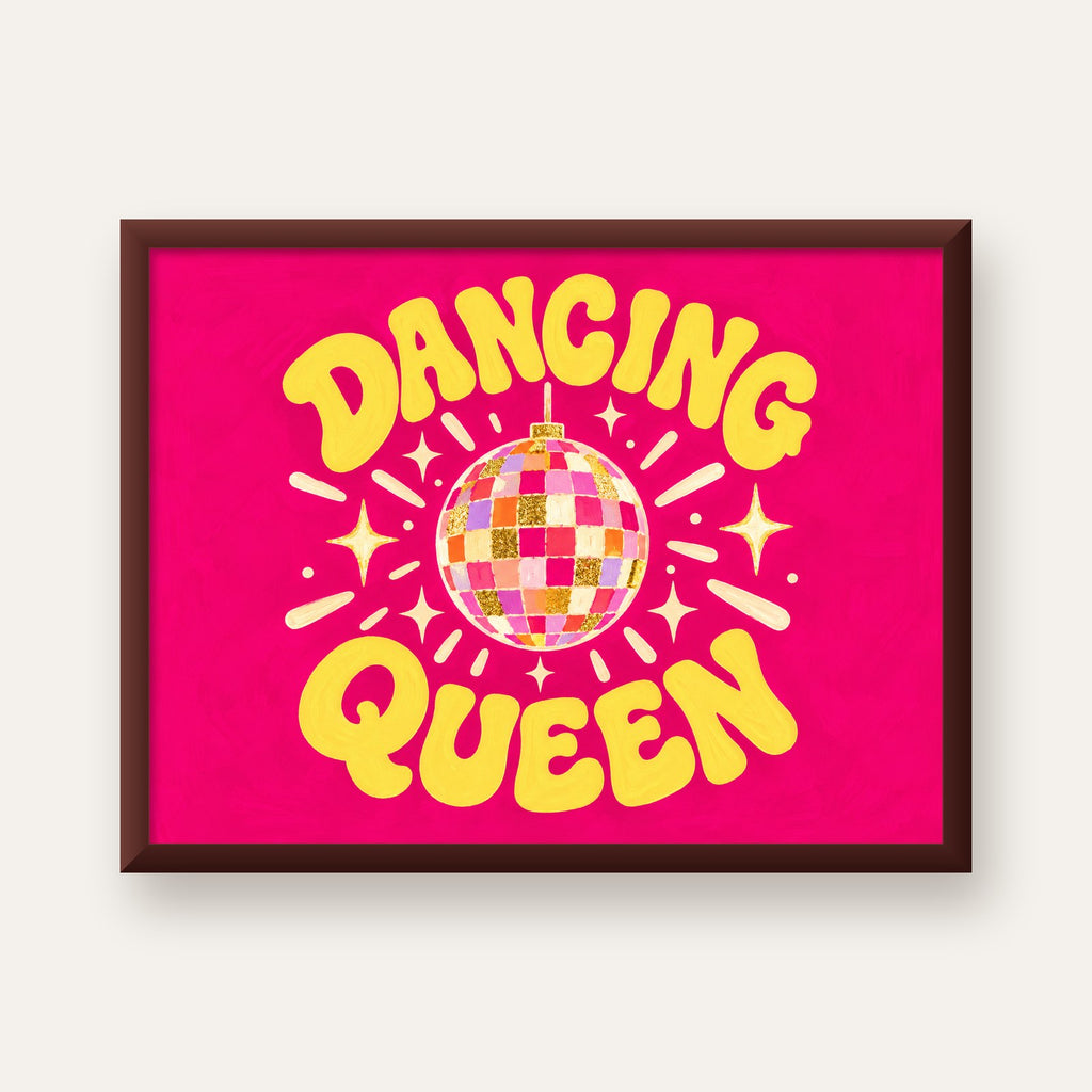 Dancing Queen Disco Topu Poster - Renkli ve Enerjik Duvar Dekoru — ceviz çerçeveli