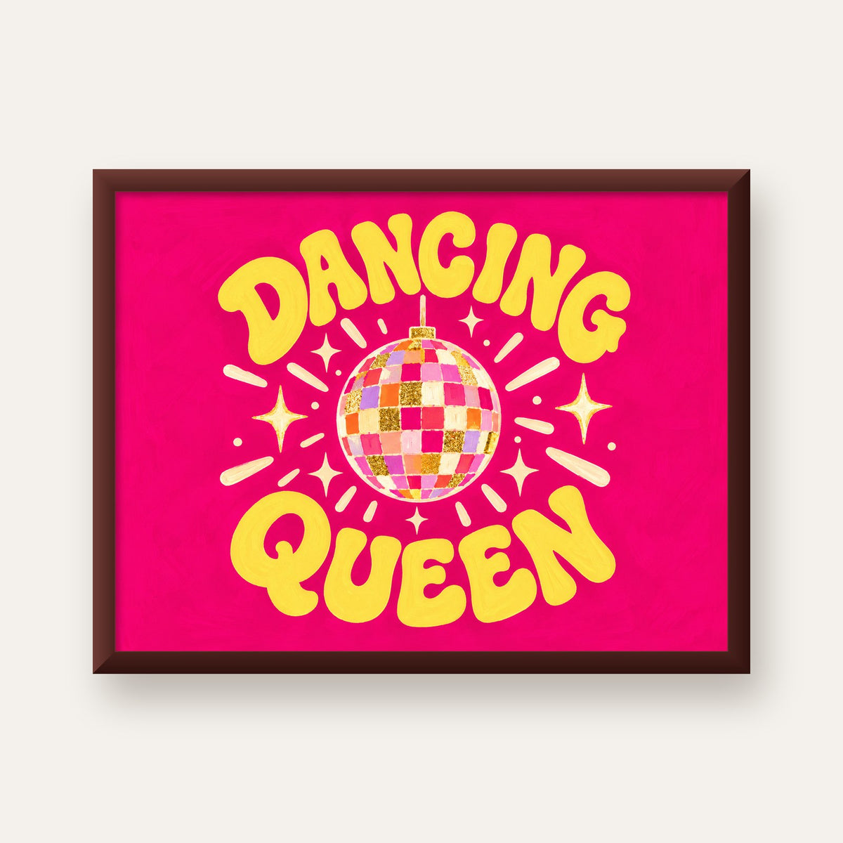 Dancing Queen Disco Topu Poster - Renkli ve Enerjik Duvar Dekoru — ceviz çerçeveli