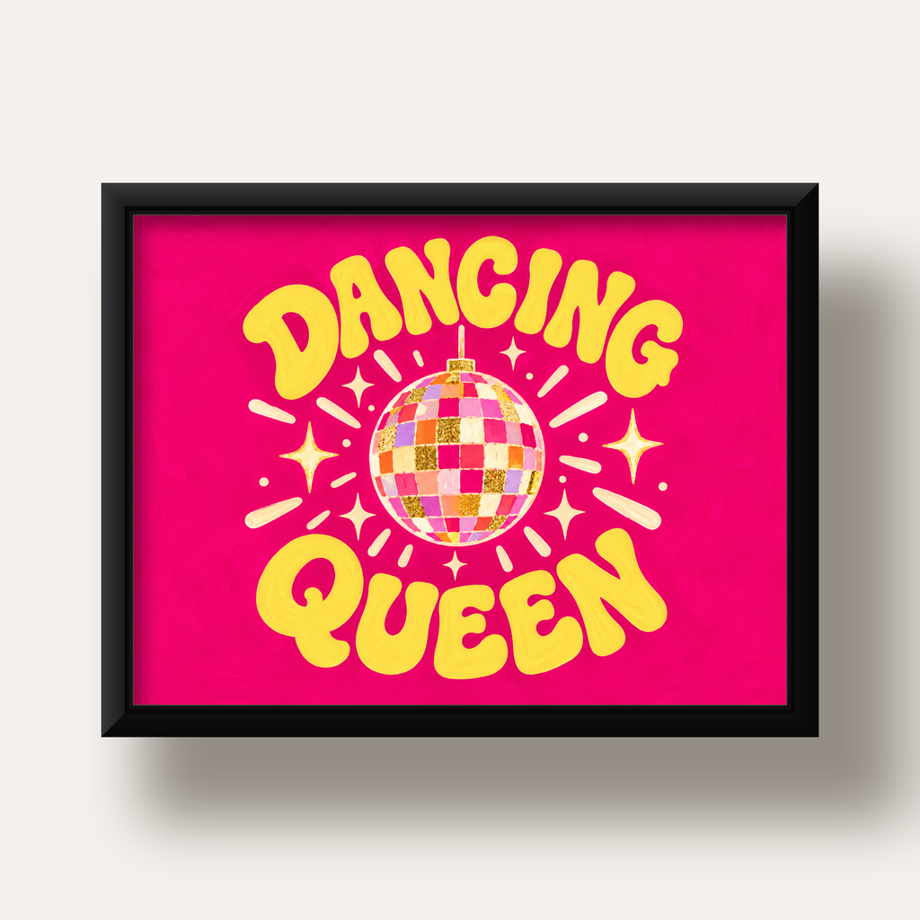 Dancing Queen Disco Topu Poster - Renkli ve Enerjik Duvar Dekoru — siyah derin çerçeveli