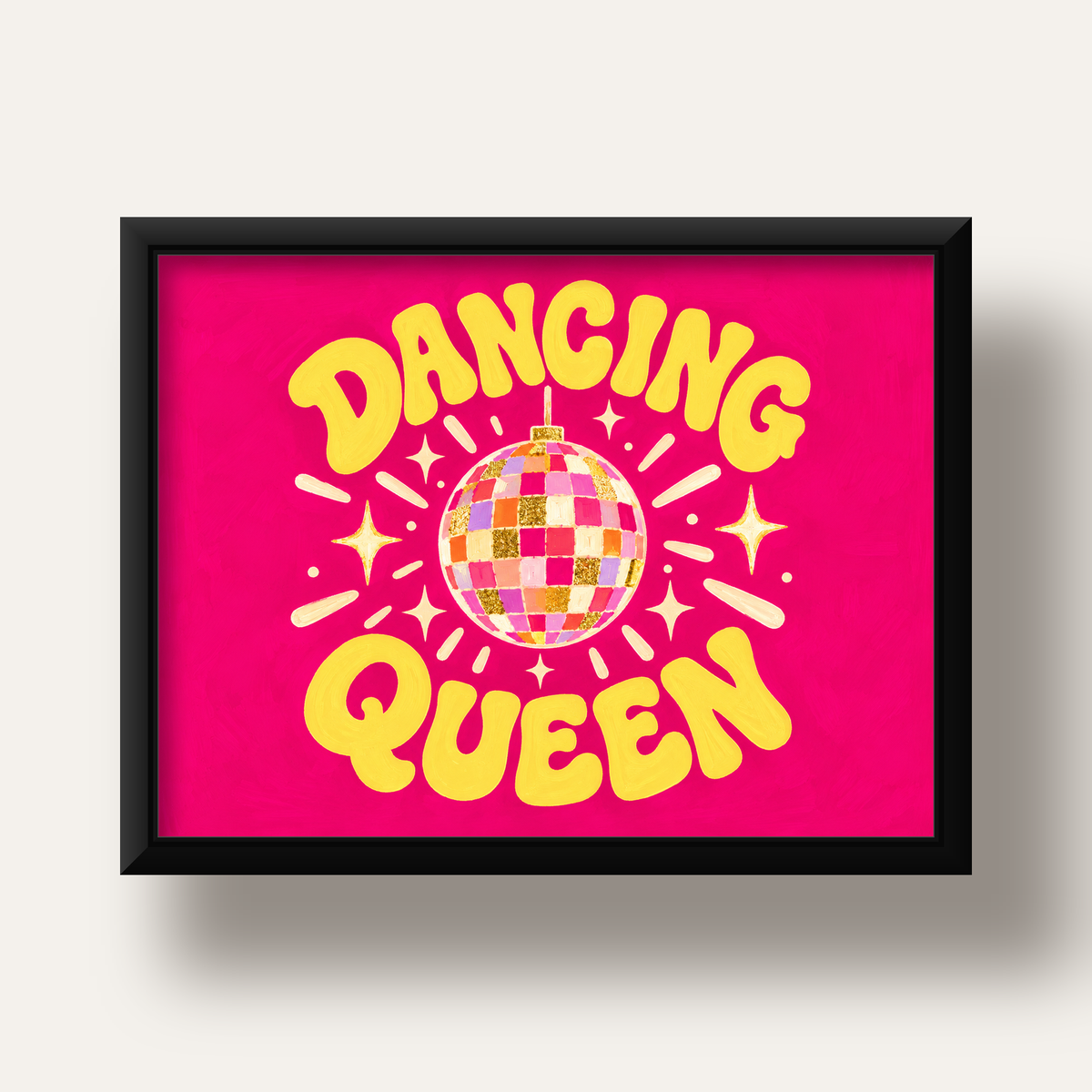Dancing Queen Disco Topu Poster - Renkli ve Enerjik Duvar Dekoru — siyah derin çerçeveli
