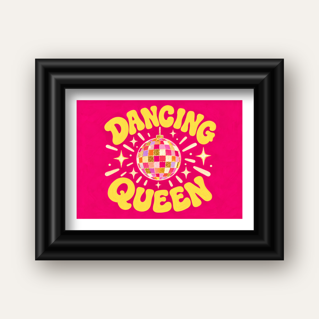 Dancing Queen Disco Topu Poster - Renkli ve Enerjik Duvar Dekoru — siyah galeri çerçeveli paspartulu