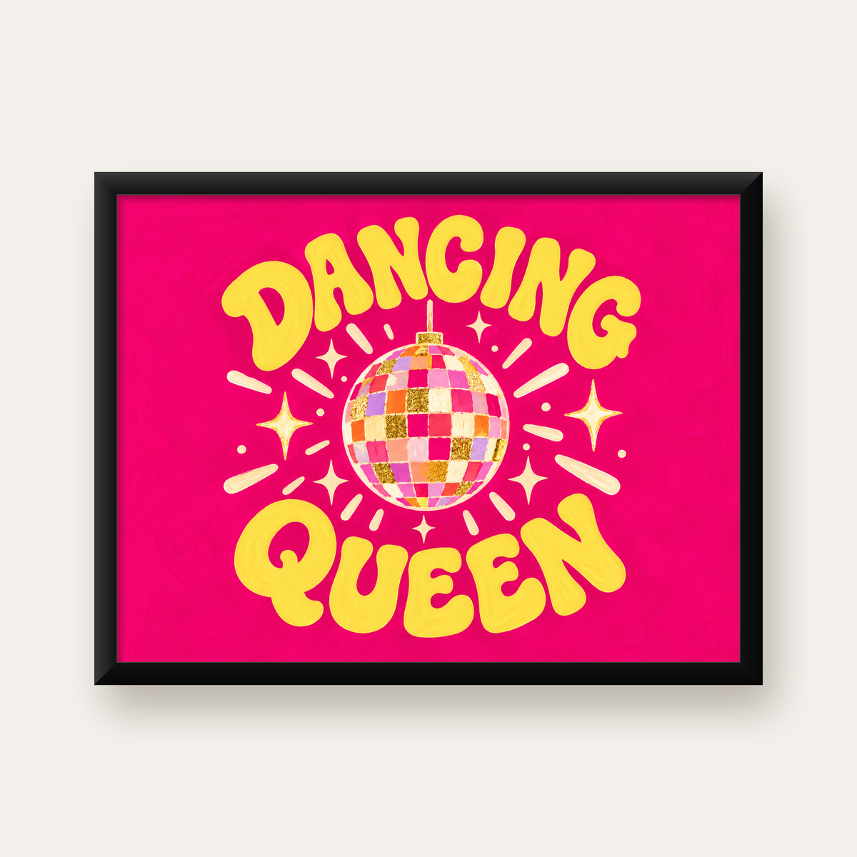 Dancing Queen Disco Topu Poster - Renkli ve Enerjik Duvar Dekoru — Yatay baskı, düz siyah çerçeveli duvar posteri
