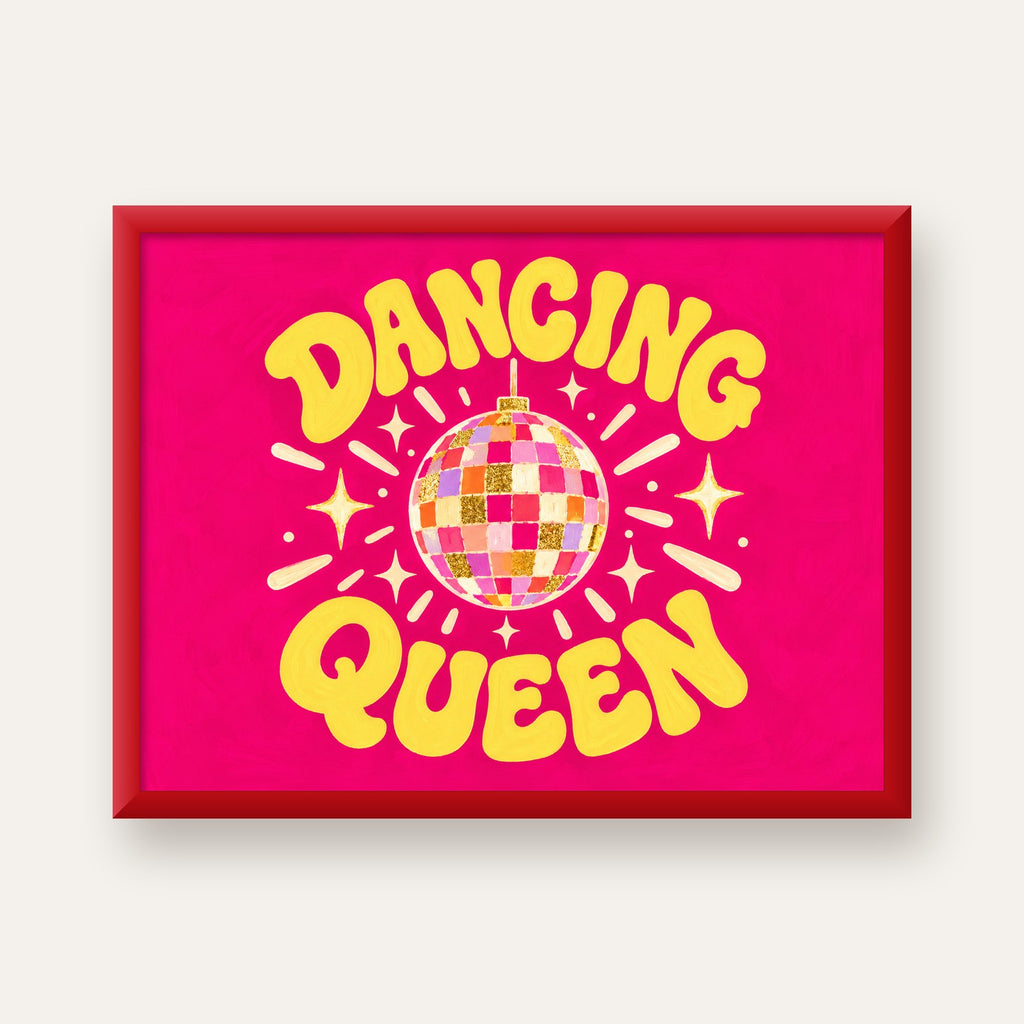 Dancing Queen Disco Topu Poster - Renkli ve Enerjik Duvar Dekoru — kırmızı çerçeveli