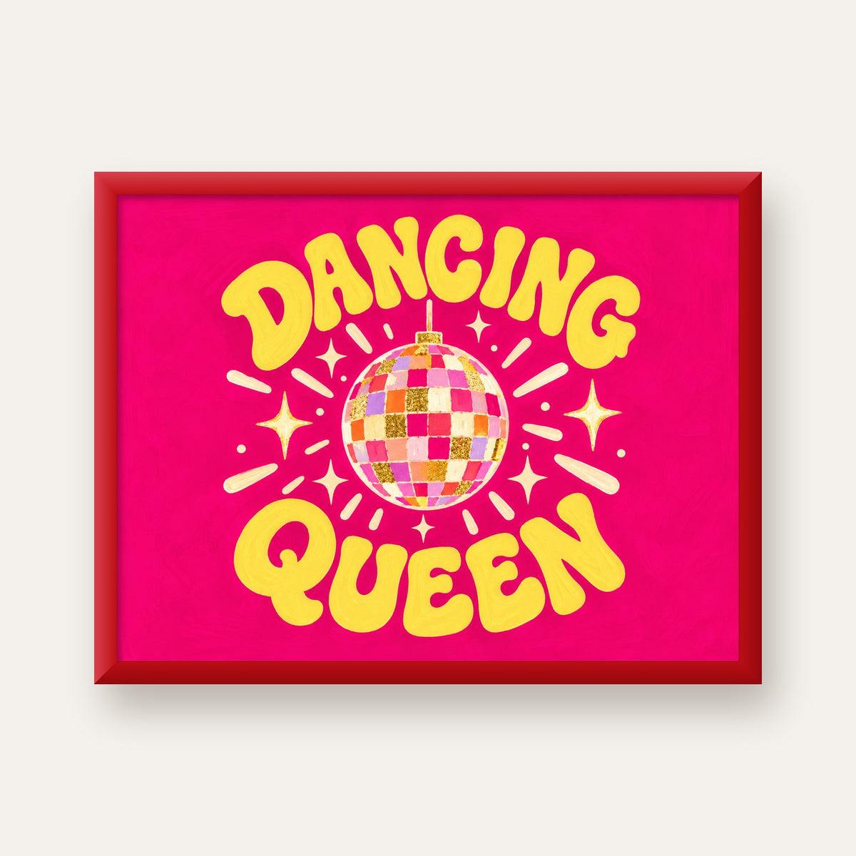 Dancing Queen Disco Topu Poster - Renkli ve Enerjik Duvar Dekoru — kırmızı çerçeveli