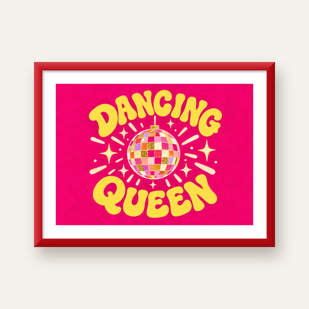 Dancing Queen Disco Topu Poster - Renkli ve Enerjik Duvar Dekoru — kırmızı çerçeveli paspartulu