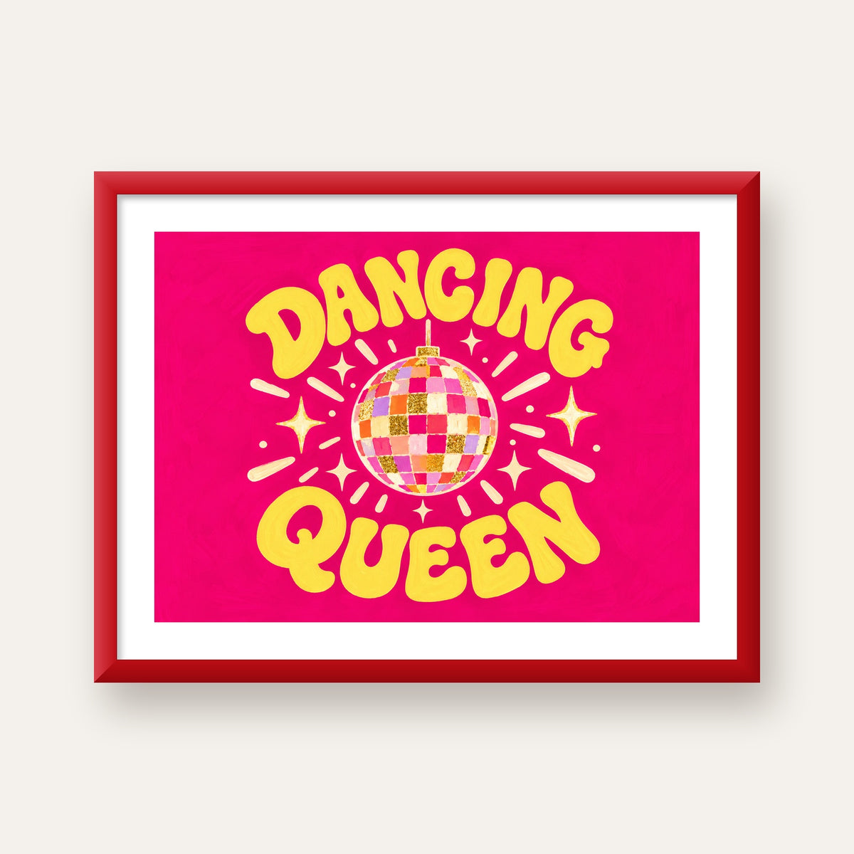 Dancing Queen Disco Topu Poster - Renkli ve Enerjik Duvar Dekoru — kırmızı çerçeveli paspartulu