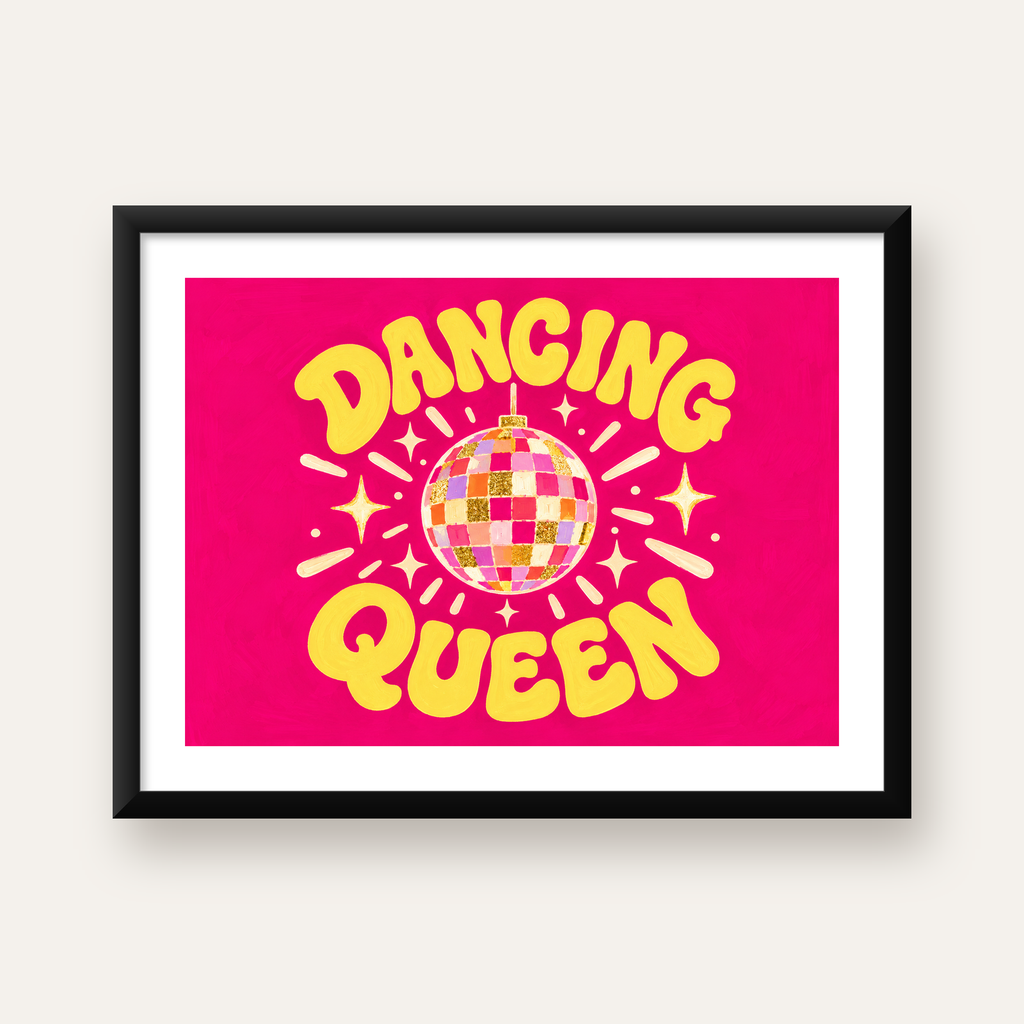 Dancing Queen Disco Topu Poster - Renkli ve Enerjik Duvar Dekoru — Yatay baskı, beyaz paspartulu
