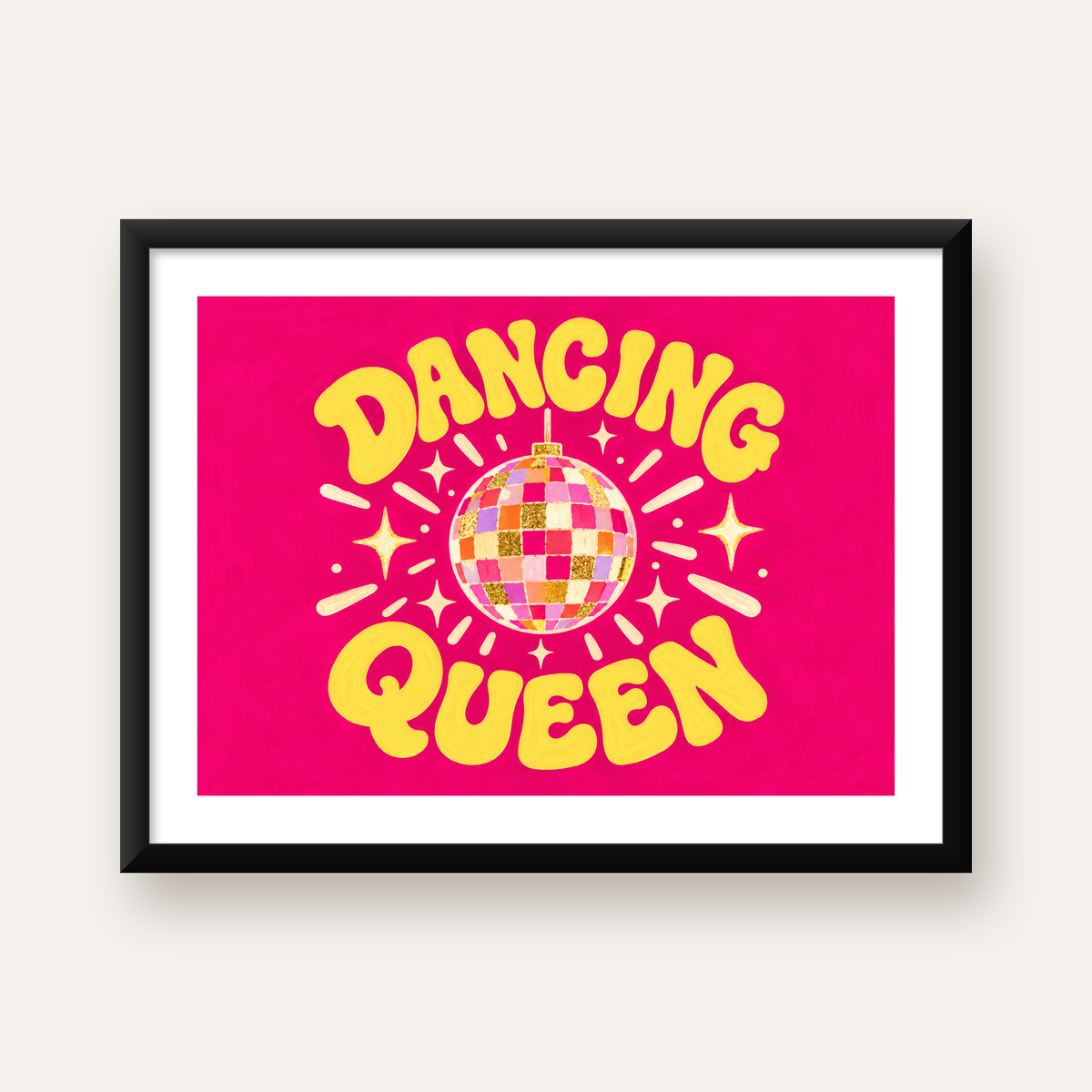 Dancing Queen Disco Topu Poster - Renkli ve Enerjik Duvar Dekoru — Yatay baskı, beyaz paspartulu