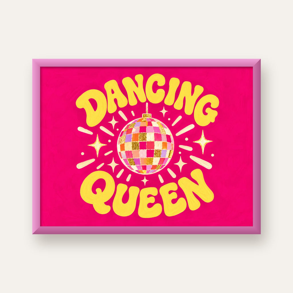 Dancing Queen Disco Topu Poster - Renkli ve Enerjik Duvar Dekoru — pembe çerçeveli