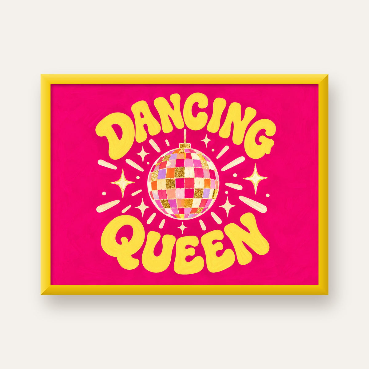 Dancing Queen Disco Topu Poster - Renkli ve Enerjik Duvar Dekoru — sarı çerçeveli