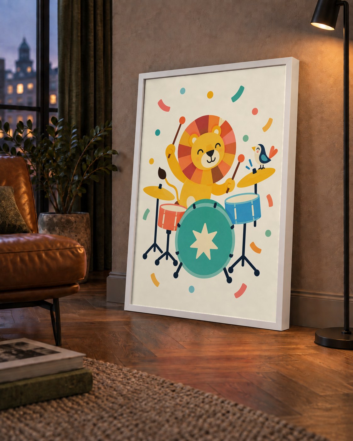 Davul Çalan Sevimli Aslan ve Kuş Modern Poster  – Çocuk Odası Dekoru — çerçeveli hâliyle bir ev duvarında