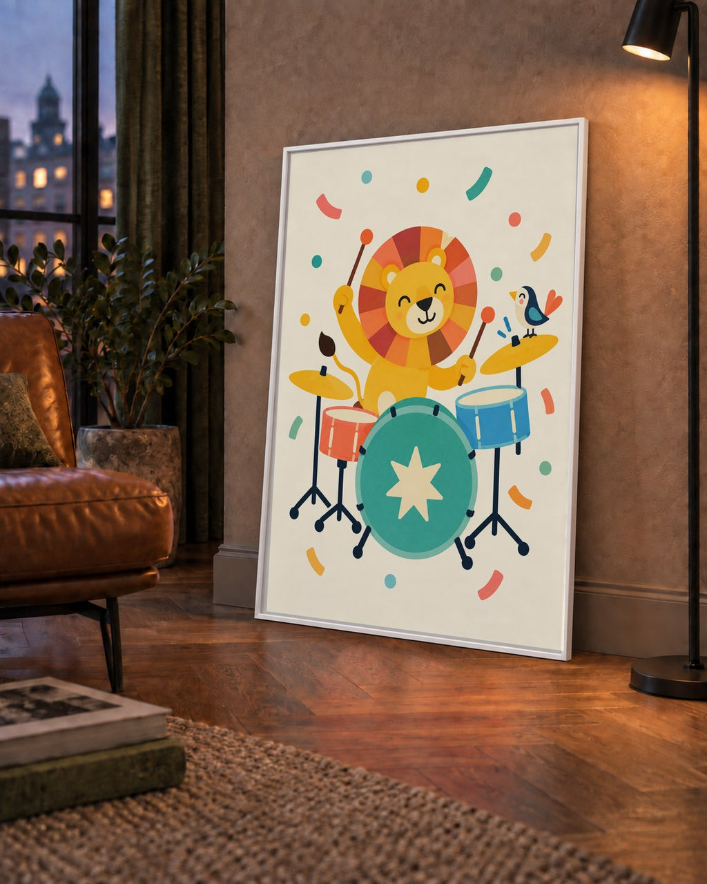 Davul Çalan Sevimli Aslan ve Kuş Modern Poster  – Çocuk Odası Dekoru — çerçeveli hâliyle bir ev duvarında