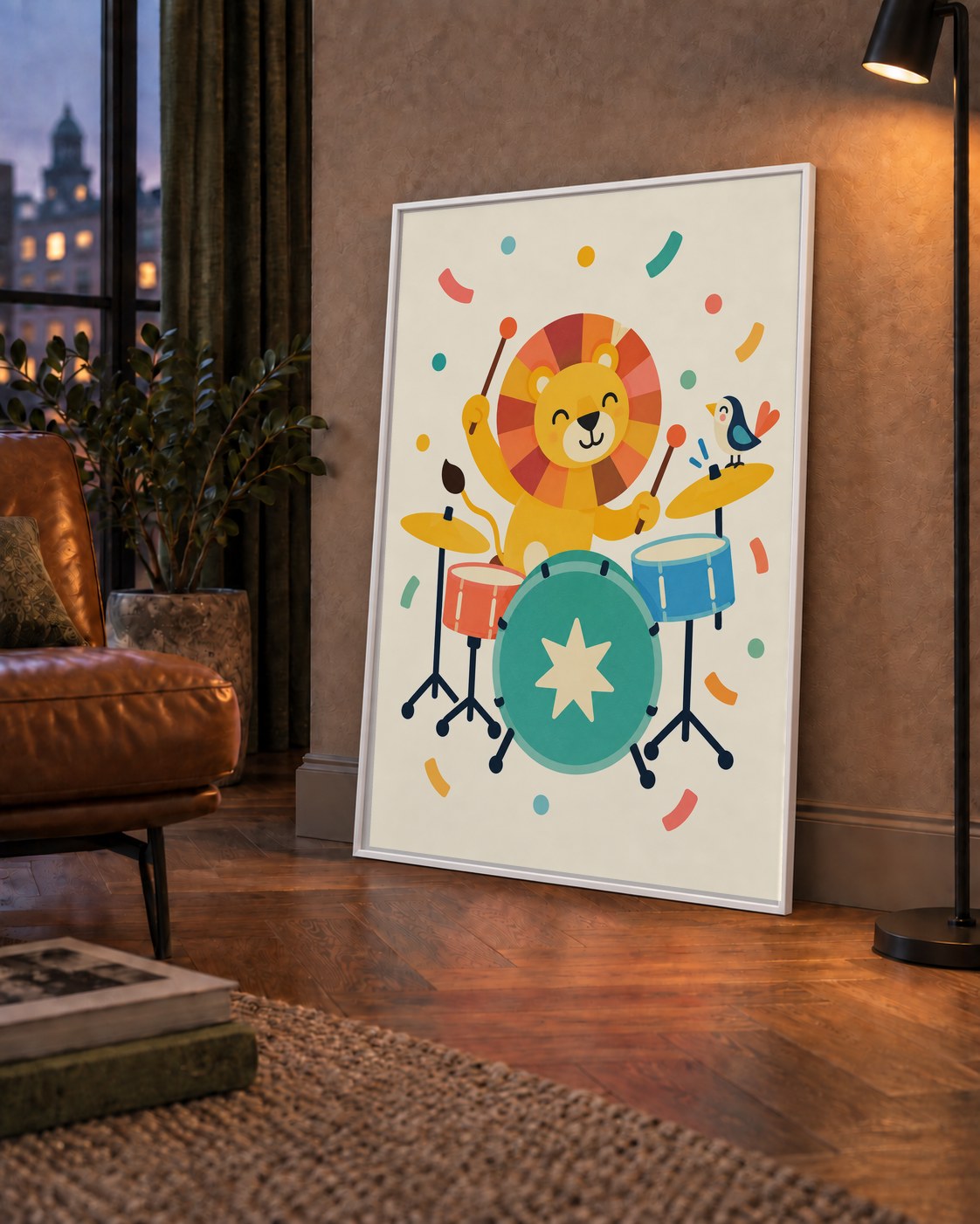 Davul Çalan Sevimli Aslan ve Kuş Modern Poster  – Çocuk Odası Dekoru — çerçeveli hâliyle bir ev duvarında