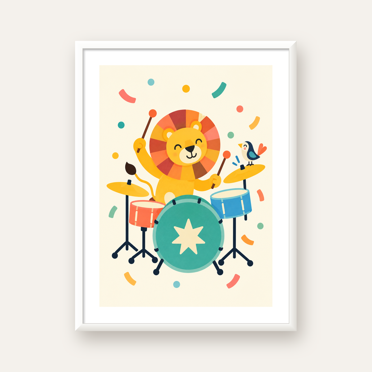 Davul Çalan Sevimli Aslan ve Kuş Modern Poster  – Çocuk Odası Dekoru — beyaz çerçeveli dikey poster