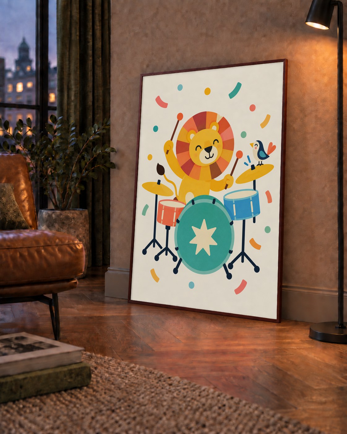 Davul Çalan Sevimli Aslan ve Kuş Modern Poster  – Çocuk Odası Dekoru — çerçeveli hâliyle bir ev duvarında