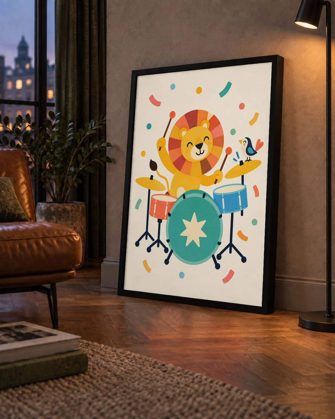 Davul Çalan Sevimli Aslan ve Kuş Modern Poster  – Çocuk Odası Dekoru — çerçeveli hâliyle bir ev duvarında