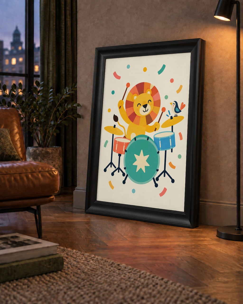 Davul Çalan Sevimli Aslan ve Kuş Modern Poster  – Çocuk Odası Dekoru — çerçeveli hâliyle bir ev duvarında