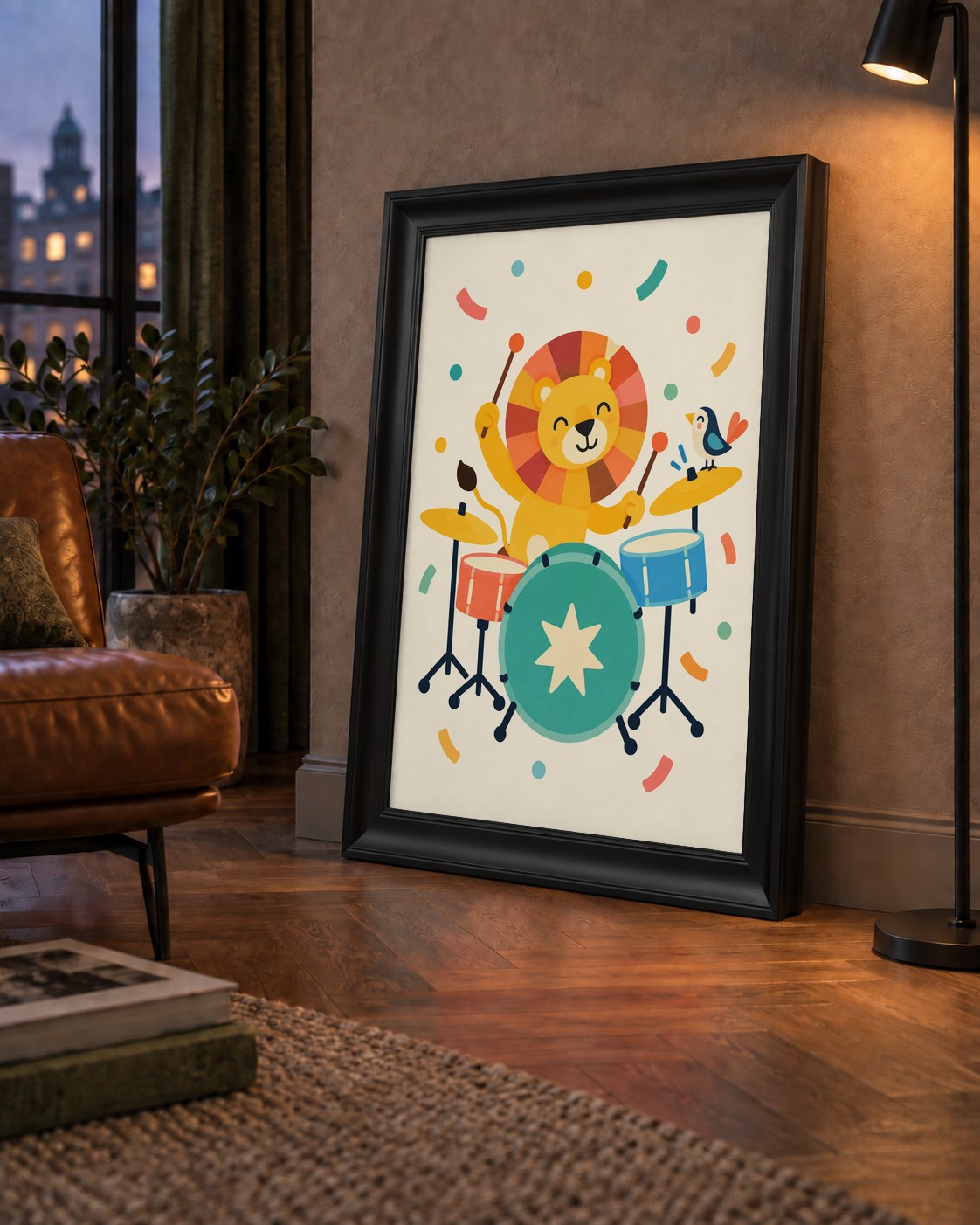 Davul Çalan Sevimli Aslan ve Kuş Modern Poster  – Çocuk Odası Dekoru — çerçeveli hâliyle bir ev duvarında