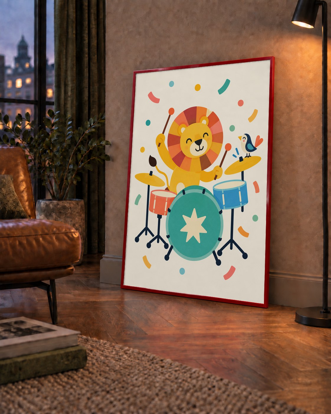 Davul Çalan Sevimli Aslan ve Kuş Modern Poster  – Çocuk Odası Dekoru — çerçeveli hâliyle bir ev duvarında