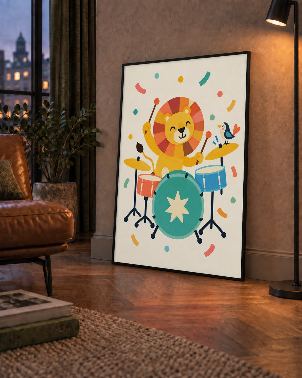 Davul Çalan Sevimli Aslan ve Kuş Modern Poster  – Çocuk Odası Dekoru — çerçeveli hâliyle bir ev duvarında
