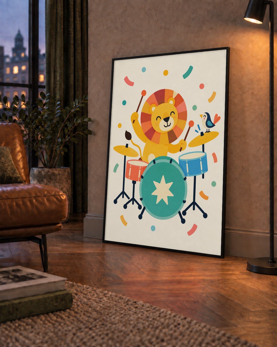Davul Çalan Sevimli Aslan ve Kuş Modern Poster  – Çocuk Odası Dekoru — çerçeveli hâliyle bir ev duvarında