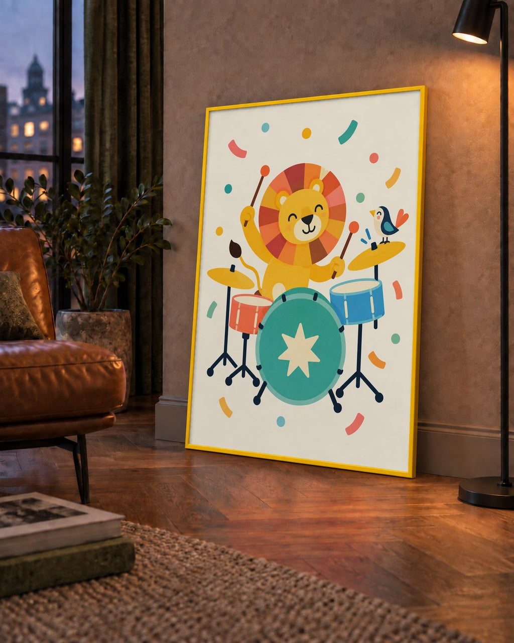 Davul Çalan Sevimli Aslan ve Kuş Modern Poster  – Çocuk Odası Dekoru — çerçeveli hâliyle bir ev duvarında