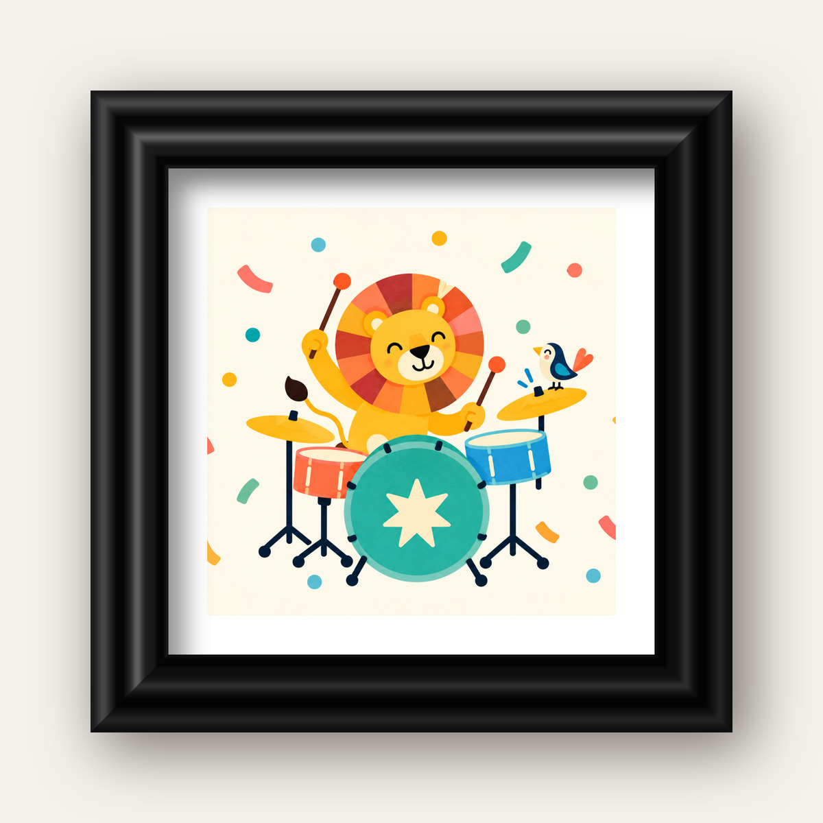 Davul Çalan Sevimli Aslan ve Kuş Modern Poster  – Çocuk Odası Dekoru — siyah galeri çerçeveli paspartulu