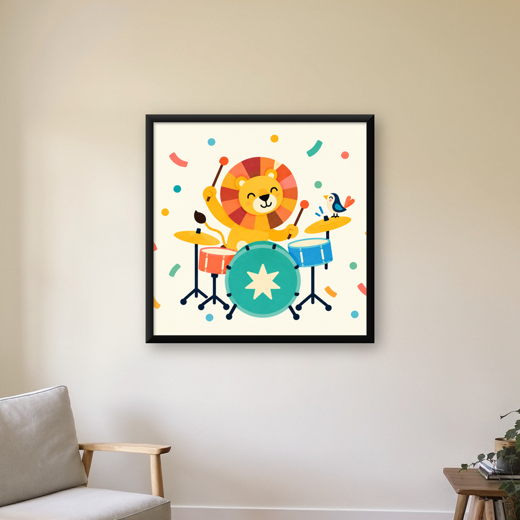 Davul Çalan Sevimli Aslan ve Kuş Modern Poster  – Çocuk Odası Dekoru — Kare baskı, çerçeveli hâliyle bir ev duvarında