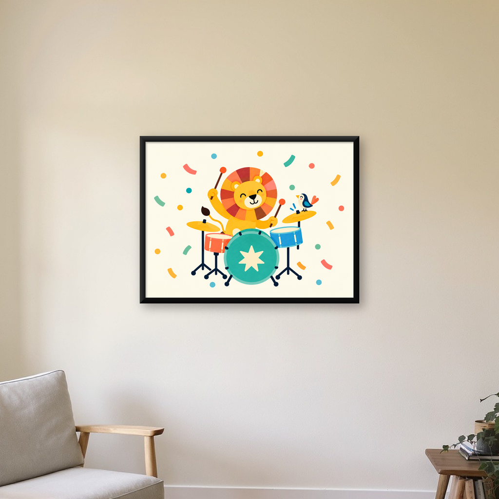 Davul Çalan Sevimli Aslan ve Kuş Modern Poster  – Çocuk Odası Dekoru — Yatay baskı, çerçeveli hâliyle bir ev duvarında