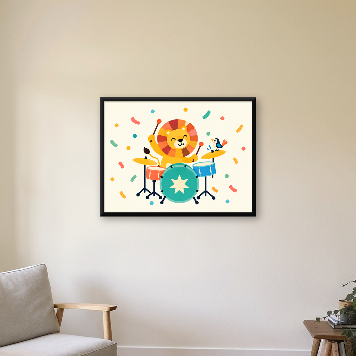 Davul Çalan Sevimli Aslan ve Kuş Modern Poster  – Çocuk Odası Dekoru — Yatay baskı, çerçeveli hâliyle bir ev duvarında