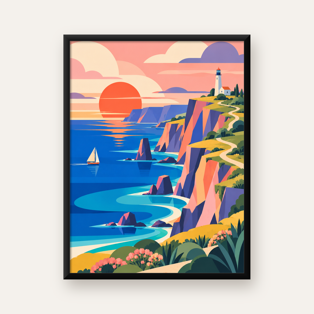 Gün Batımında Deniz Feneri ve Sahil Manzarası Poster — Dikey baskı, düz siyah çerçeveli duvar posteri