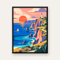 Gün Batımında Deniz Feneri ve Sahil Manzarası Poster — Dikey baskı, düz siyah çerçeveli duvar posteri