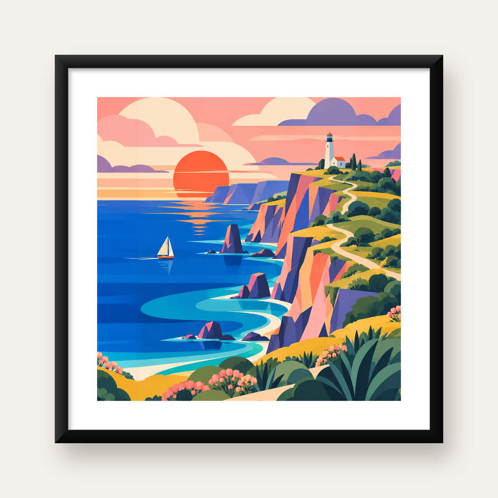 Gün Batımında Deniz Feneri ve Sahil Manzarası Poster — Kare baskı, beyaz kenar boşluklu