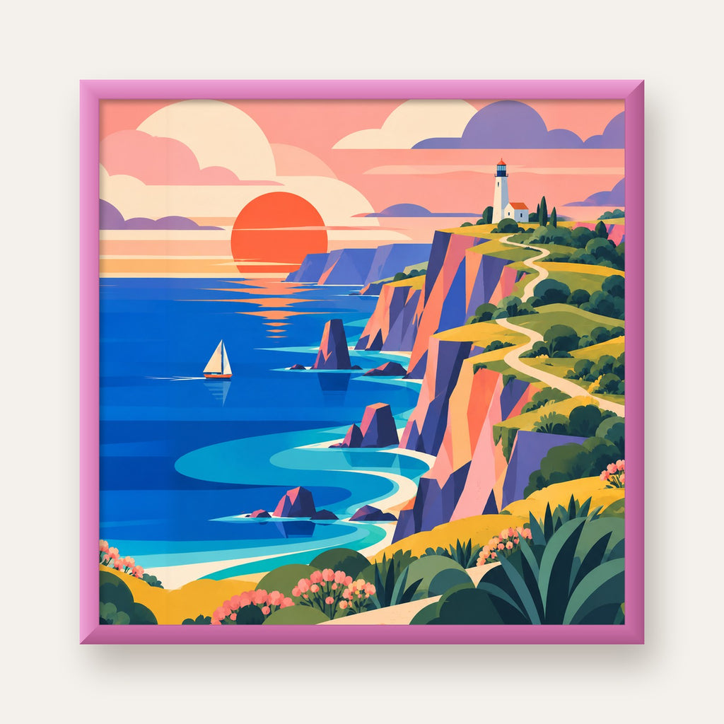 Deniz Fenerli Kıyı — pembe çerçeveli