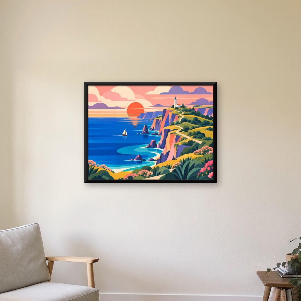 Gün Batımında Deniz Feneri ve Sahil Manzarası Poster — Yatay baskı, çerçeveli hâliyle bir ev duvarında