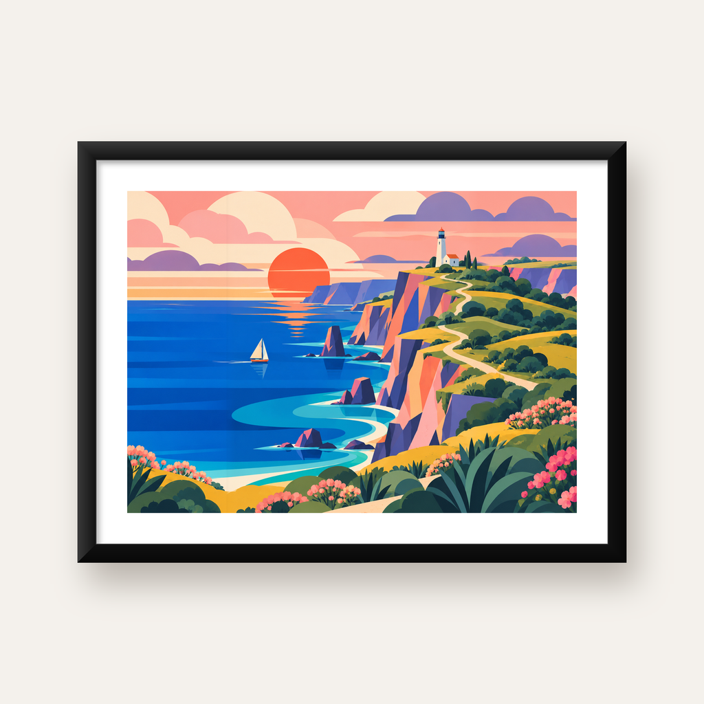 Gün Batımında Deniz Feneri ve Sahil Manzarası Poster — Yatay baskı, beyaz kenar boşluklu